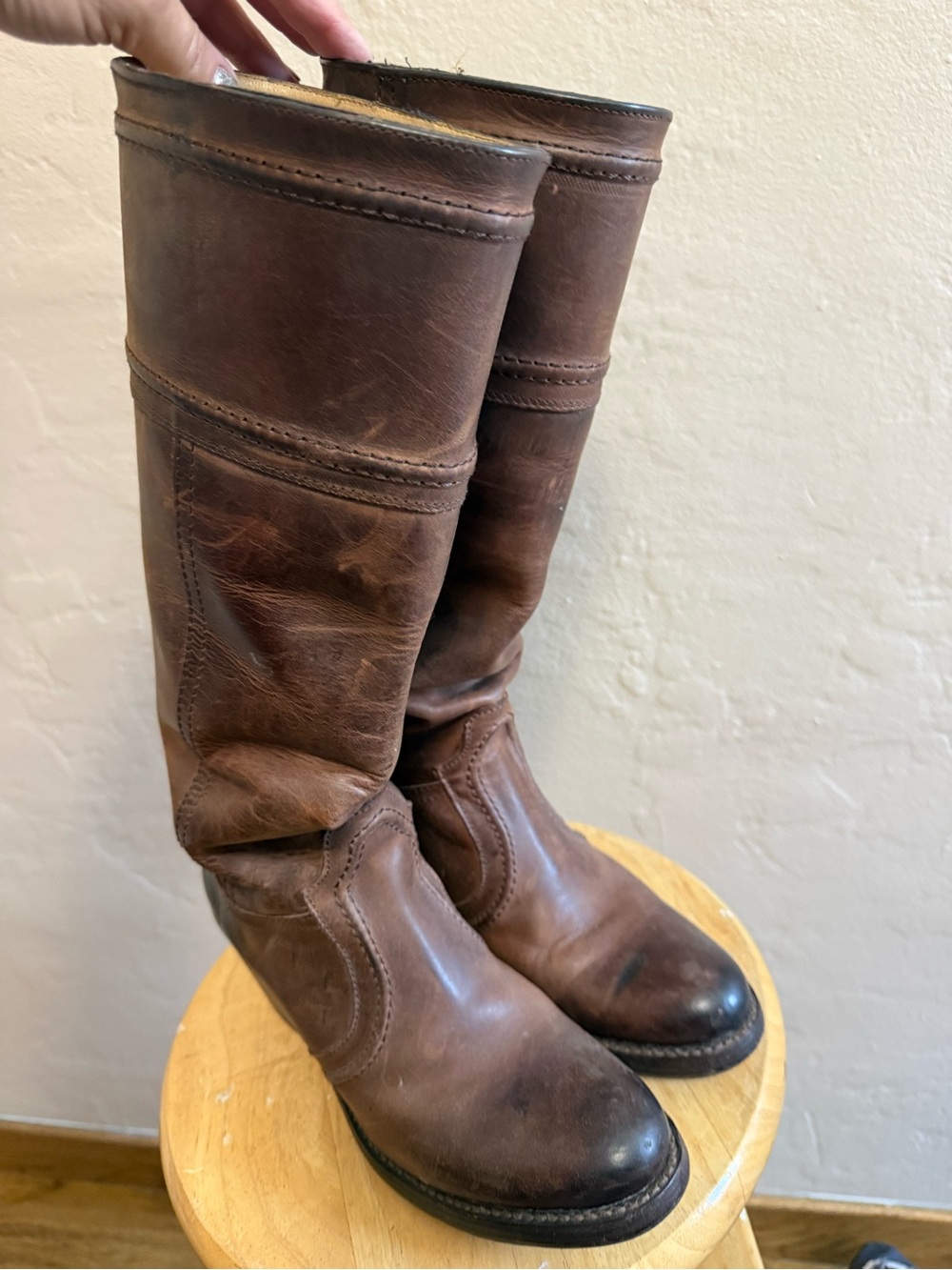 Frye Brown Leather Knee high heeled Boots 7.5